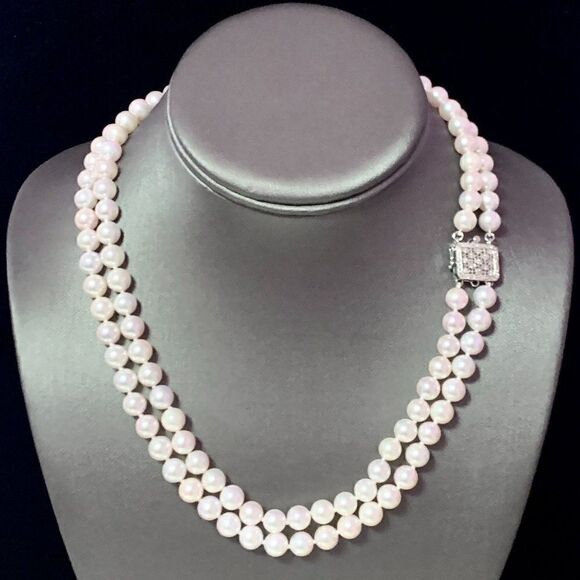 Diamond Akoya Pearl 2-Strand Necklace 14k Gold 18" 7.5mm Certified $9,750 116393 - Picture 1 of 11